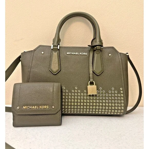 MICHAEL KORS HAYES Medium Leather Messenger Bag Green W/ Matching Wallet