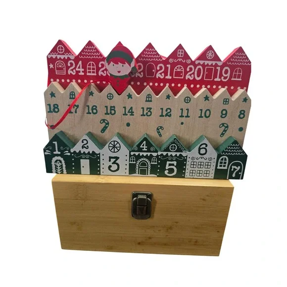 Wooden Christmas Village Advent Calendar Elf Countdown Timer with‎ Storage Box