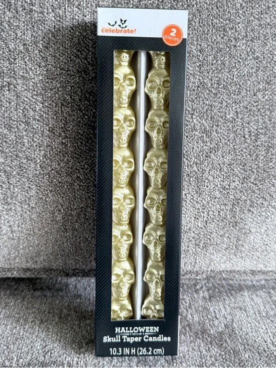 NWB Celebrate! Set of two gold colored Halloween Skull Taper Candles 10.3” tall