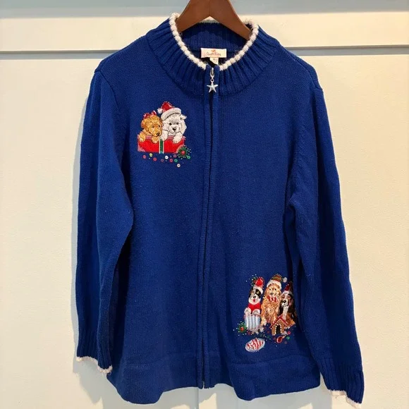 Blue Christmas‎ Dog Embroidered Zipper Cardigan Sweater XL Ugly Sweater Party