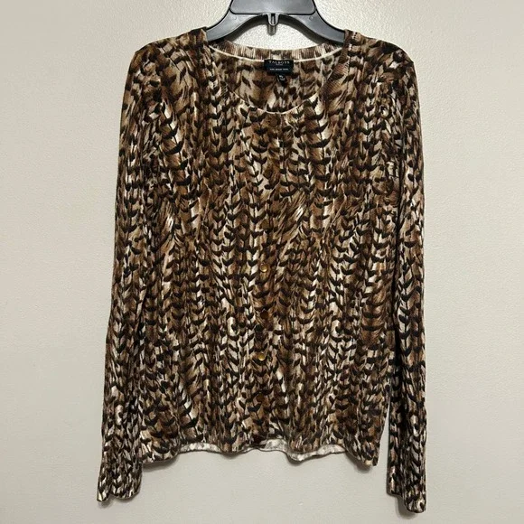 Talbots Cardigan Womens MP Brown Feather Print Pure Merino Wool Petite Earthy
