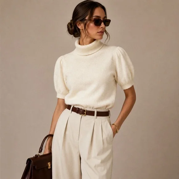 Cream Angora Lambswool Puff Sleeve Mock Neck Sweater Vintage 80s S Preppy Lux