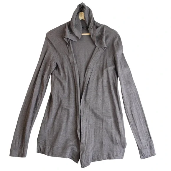 Tahari 100% Linen Open Front Hooded Cardigan Womens M Gray Beachy Light Cover Up