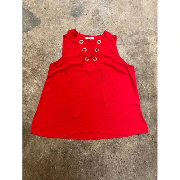 Michael Kors Top Women XL‎ Red Side Slit Lace Up Gold Grommet Sleeveless Classic