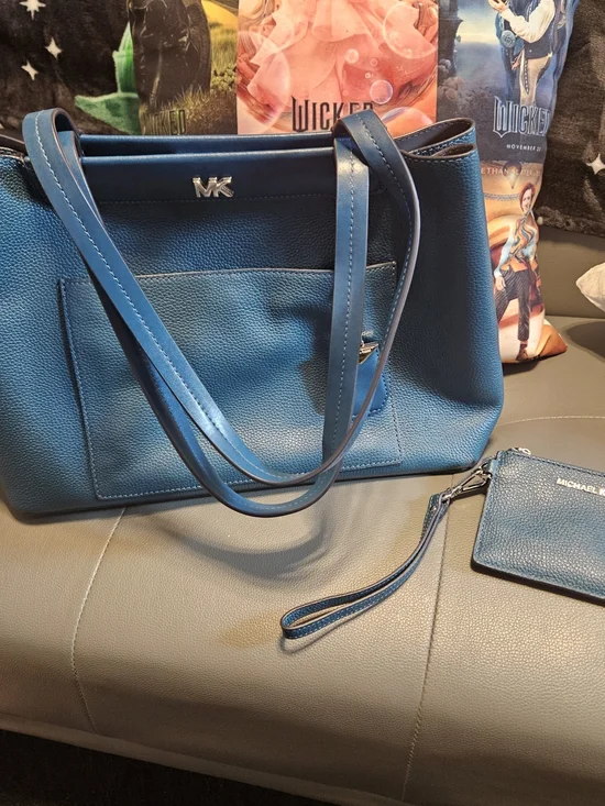 Michael Kors Dark Teal Blue Pebbled Leather Tote with Wristlet