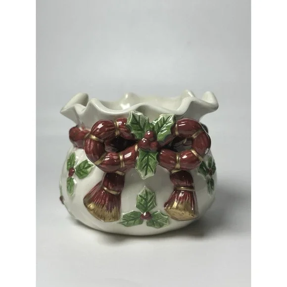 Fitz & Floyd Deck The Halls Christmas Potpourri‎ Bowl Dish Holly Bow Decoration