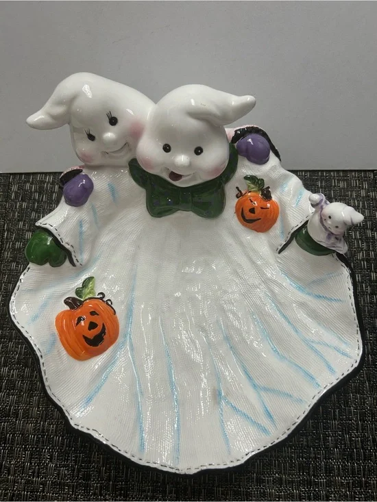 Vintage Ceramic Halloween Ghost Candy Dish with Pumpkins