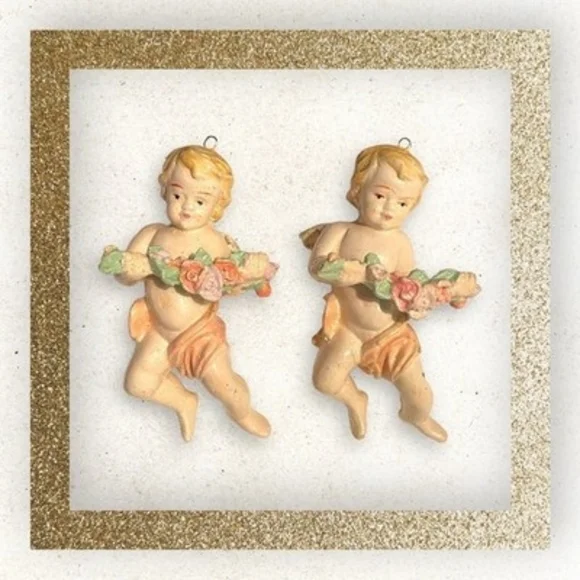 Pair Antique Angel Christmas Ornaments Resin Vintage Xmas Tree Decor Collectible
