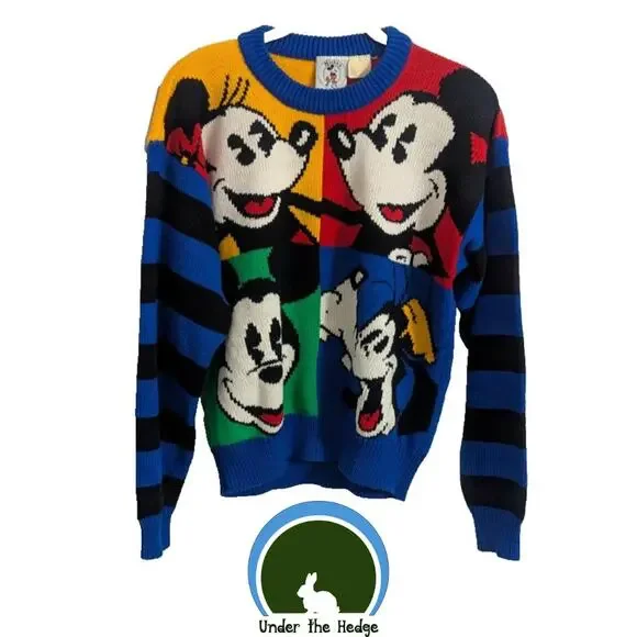 Vtg Disney Mickey & Co Sweater Fits S/M Multicolor Colorblock Retro Kidcore R1