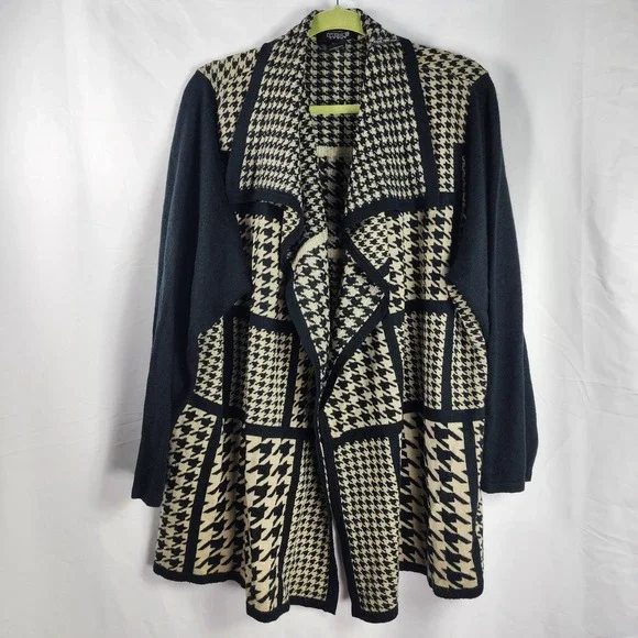 Y2K Womens Houndstooth Patchwork Cardigan Sweater Chunky Neutral Indie Artsy‎ 2X