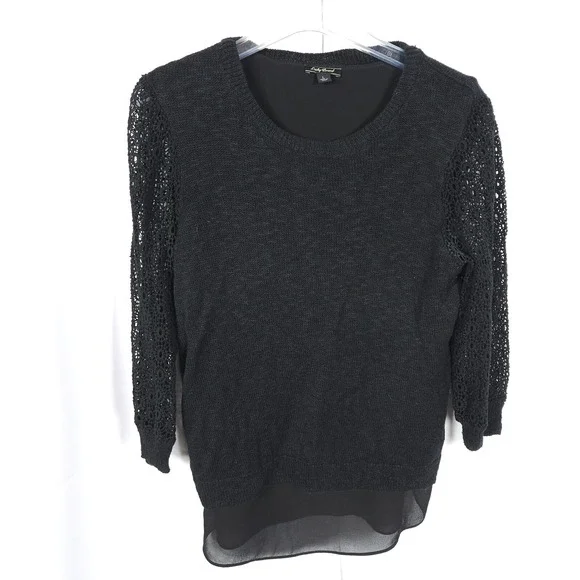 1 Lucky Brand Black Lace Sleeve Linen Cotton Sweater Womens Large
