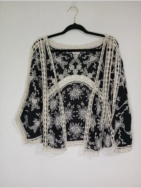 Ember Boho Black Sheer Lace Floral Embroidered Open Cardigan Kimono Women S