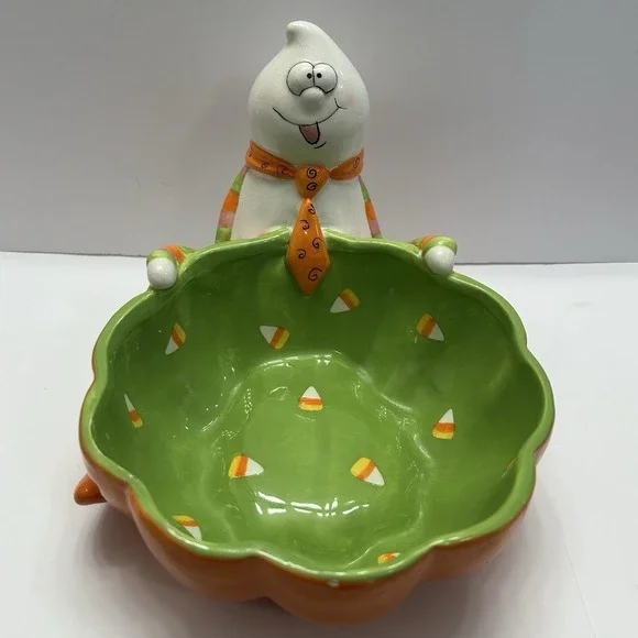 Vintage Tina Ledbetter Halloween Ghost Candy Bowl Dish Ceramic Candy Corn