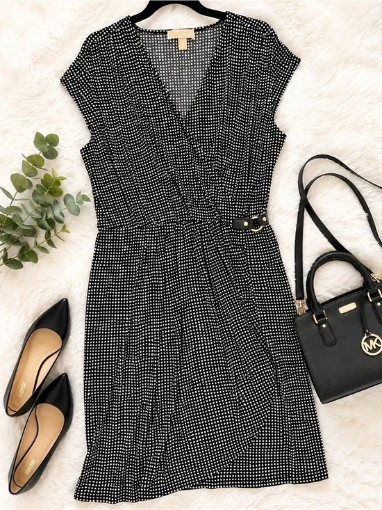 Michael Kors Black & White Polka Dot Faux-Wrap Midi Dress