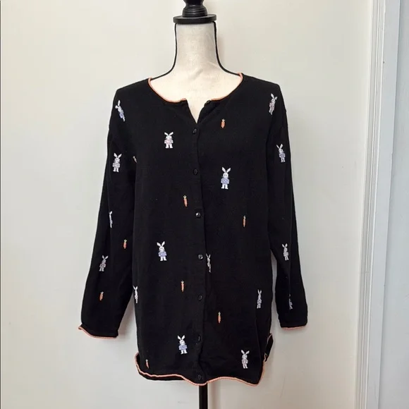 Quacker Factory Black Cardigan with Bunny Embroidery