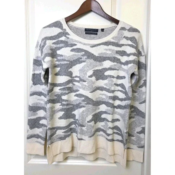 BROWN ALLAN 1883 FINE MERINO WOOL‎ CASHMERE CREW NECK SWEATER Camo Gray Ivory S