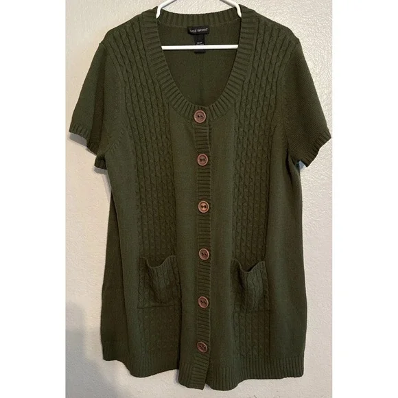 Lane Bryant Cardigan 22/24 Olive Green Cable Knit Button Front Short Sleeve