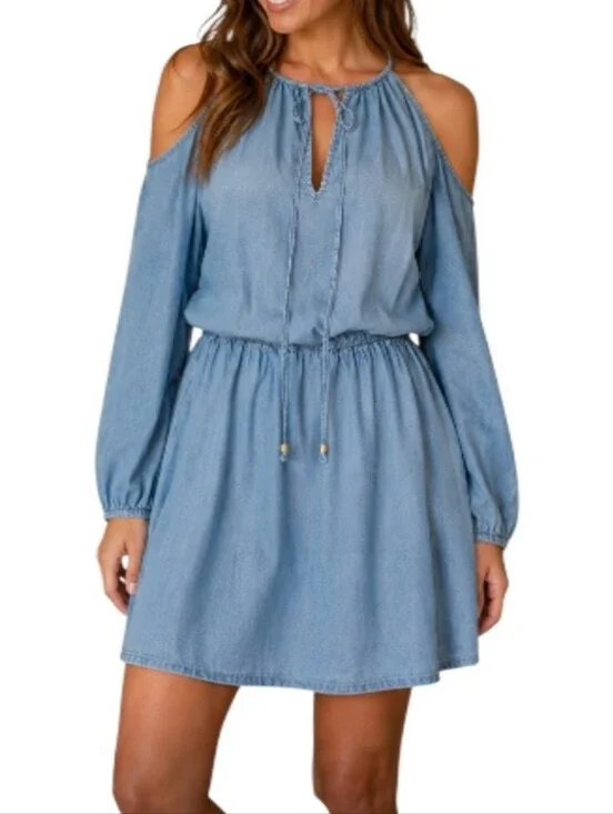 Michael Kors Light Blue Denim Cold-Shoulder Long Sleeve Dress-NWT
