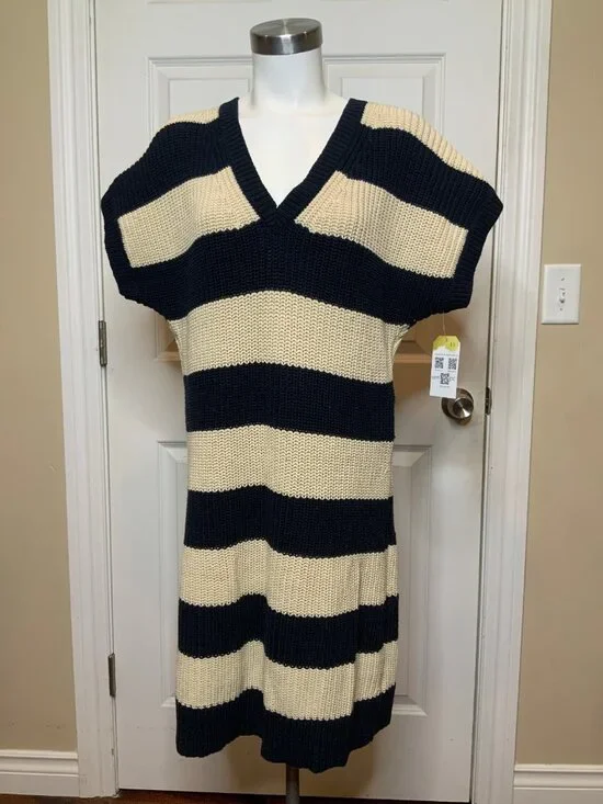 Michael Kors Navy Blue & Cream Stripe V-Neck Shift Sweater Dress, Size XL