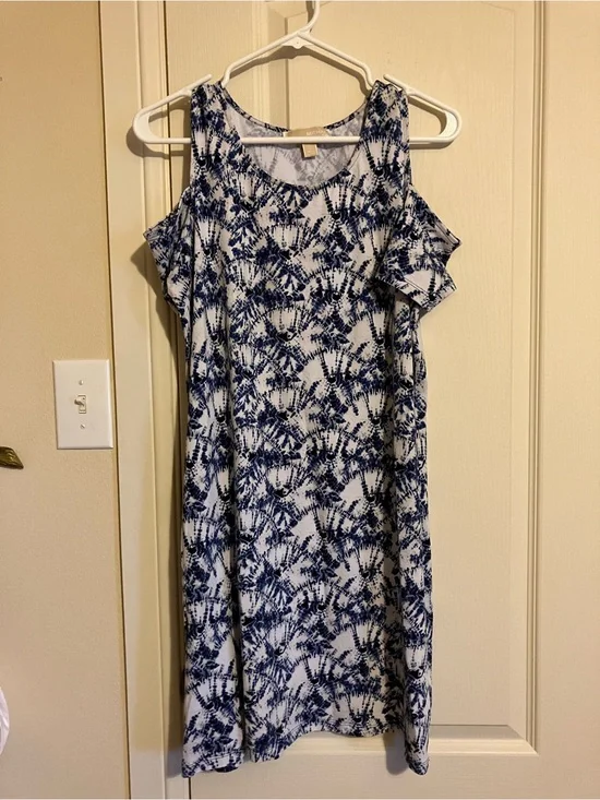 Michael Kors Blue & White Cold-Shoulder Printed Midi Dress