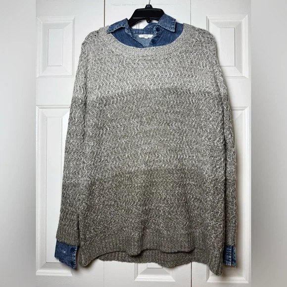 Easel Multi-tone Beige Sweater With Acid Wash Jean Collar Top‎