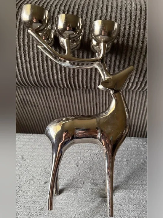 Polished Silver Tone Metal Reindeer Candle Holder Holiday Winter Christmas Decor