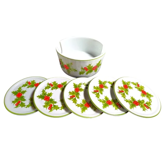 Schmidt Brazil Vintage Porcelain‎ Christmas Holly & Berries 5 Coaster Set