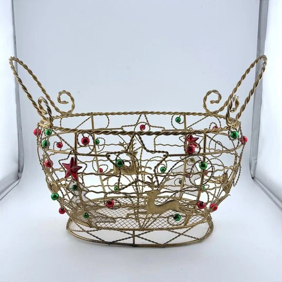 Gold Wire Christmas Basket Reindeer Star Tree Beaded Holiday Decor Centerpiece