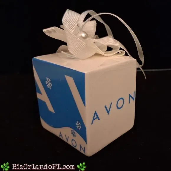 VINTAGE Avon Holiday Package Blue & White Snowflake Ornament Hanging Ribbon 2005