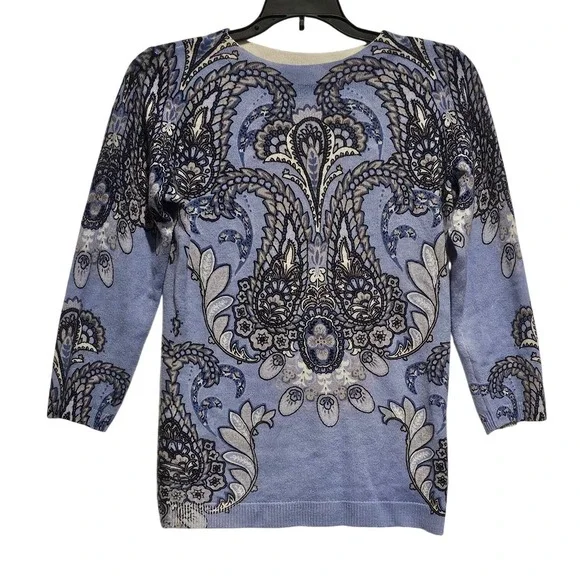 Talbots Pure Cashmere Paisley Print‎ 3/4 Sleeve Sweater XS Blue Gray