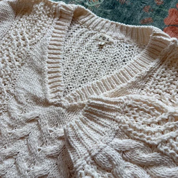 POL‎ Cream Chunky Cable Knit V-Neck Sweater Ivory Oversized Boho YST585 Womens S