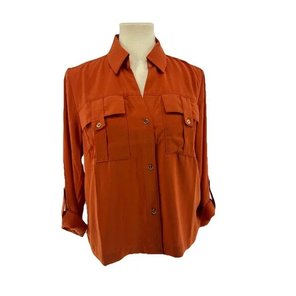 MICHAEL Michael Kors Relaxed Boxy Fit Button Down Orange Top Sz Med