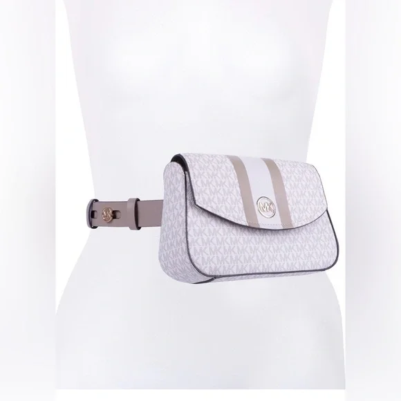 Michael Kors White and Taupe Monogram Crossbody Belt Bag