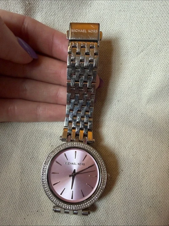 Michael Kors Silver Watch with Pink Dial and Crystal Bezel