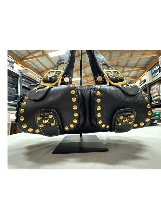Michael Kors Black Leather Shoulder Bag with Gold Stud Accents
