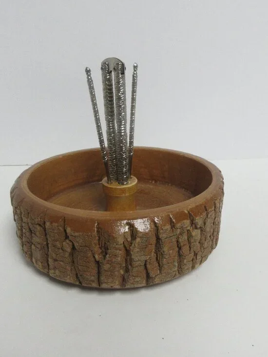 Wood Tree Log Bark Nut Cracker Bowl With Metal Nutcracker and 2 Picks Vtg