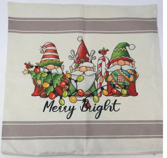 Christmas Gnomes with String of Lights Red Green Decorative Burlap Pillow Cover