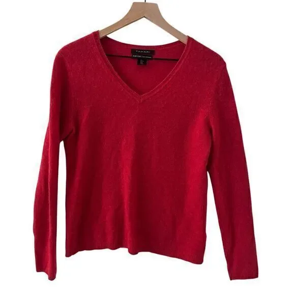 Tahari Pure Lux Red 100% Cashmere V-Neck‎ Soft Long Sleeve Sweater Size L