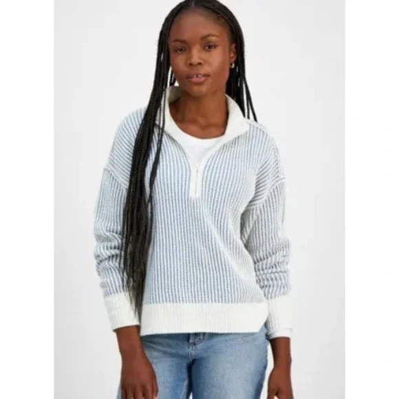 Ultra‎ Flirt Womens Blue Cream Striped Quarter Zip Ribbed Knit Sweater Large