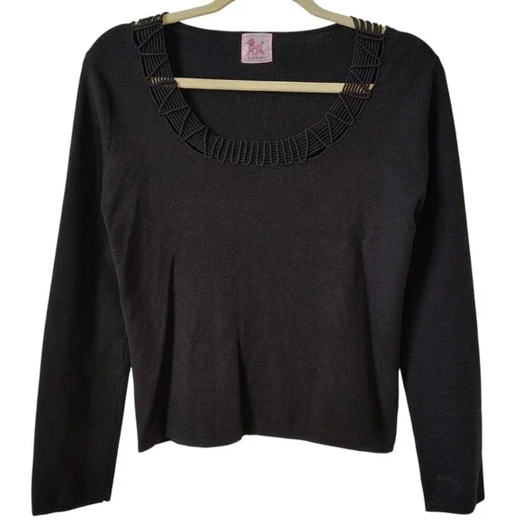 Vintage‎ Pink Poodle Womens Top Black Knit Rope Detail Long Sleeve Trendy