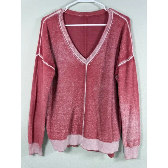 Sundance V-Neck Sweater Cece Women XL Red Cotton Acid Wash Boho Layering Artsy
