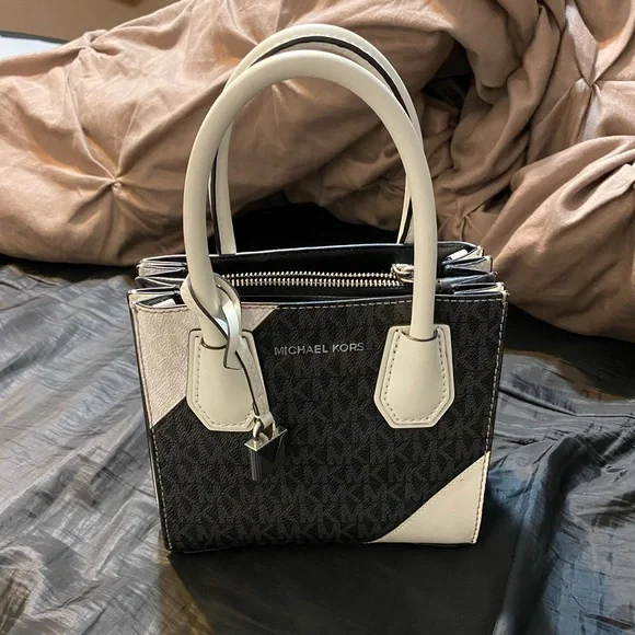 Michael Kors Black Logo Mini Satchel with White Trim