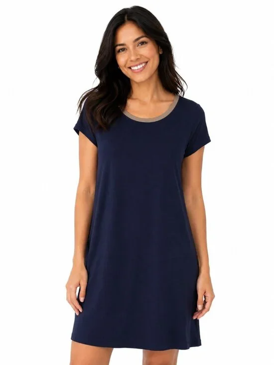 Michael Kors Dress XL Navy Metallic Gold Neckband Stretch Pullover Cap Sleeve