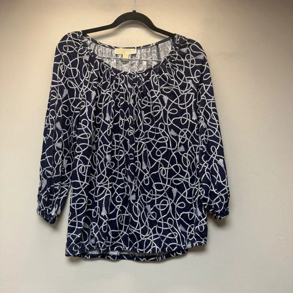 Michael Kors Peasant Top Womens M Navy New Nautical Rope Tassel Print QS15423337