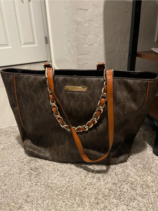 Michael Kors Dark Brown Signature Tote with Tan Leather and Gold Chain