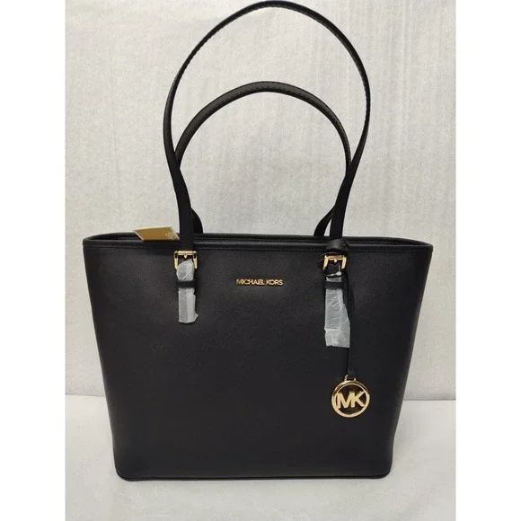 Michael Kors Jet Set‎ Travel Women's Top Zip Black Leather Tote Bag 38F7GTVT3L