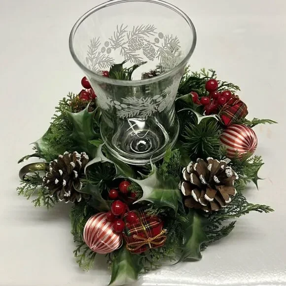 Metal Vintage Candlestick Holder Glass Etched Votive with Christmas Floral Ring