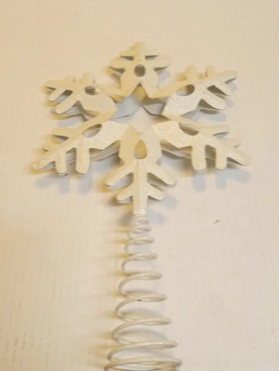 Snowflake Christmas tree topper white glitter metal with a spring base 13