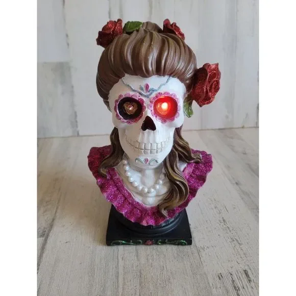 Cinco de Mayo skeleton woman bust animated head‎ Rose Halloween prop