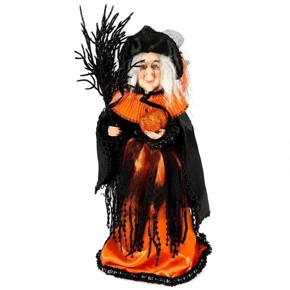 Halloween Witch Tree Topper Tabletop Figure Orange Black Whimsical Witchcore 16